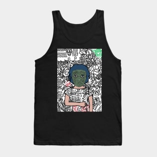 Donald: Captivating Female NFT with a Doodle Mask, Blue Eyes, and Light Aesthetic in a Doodle Background Tank Top